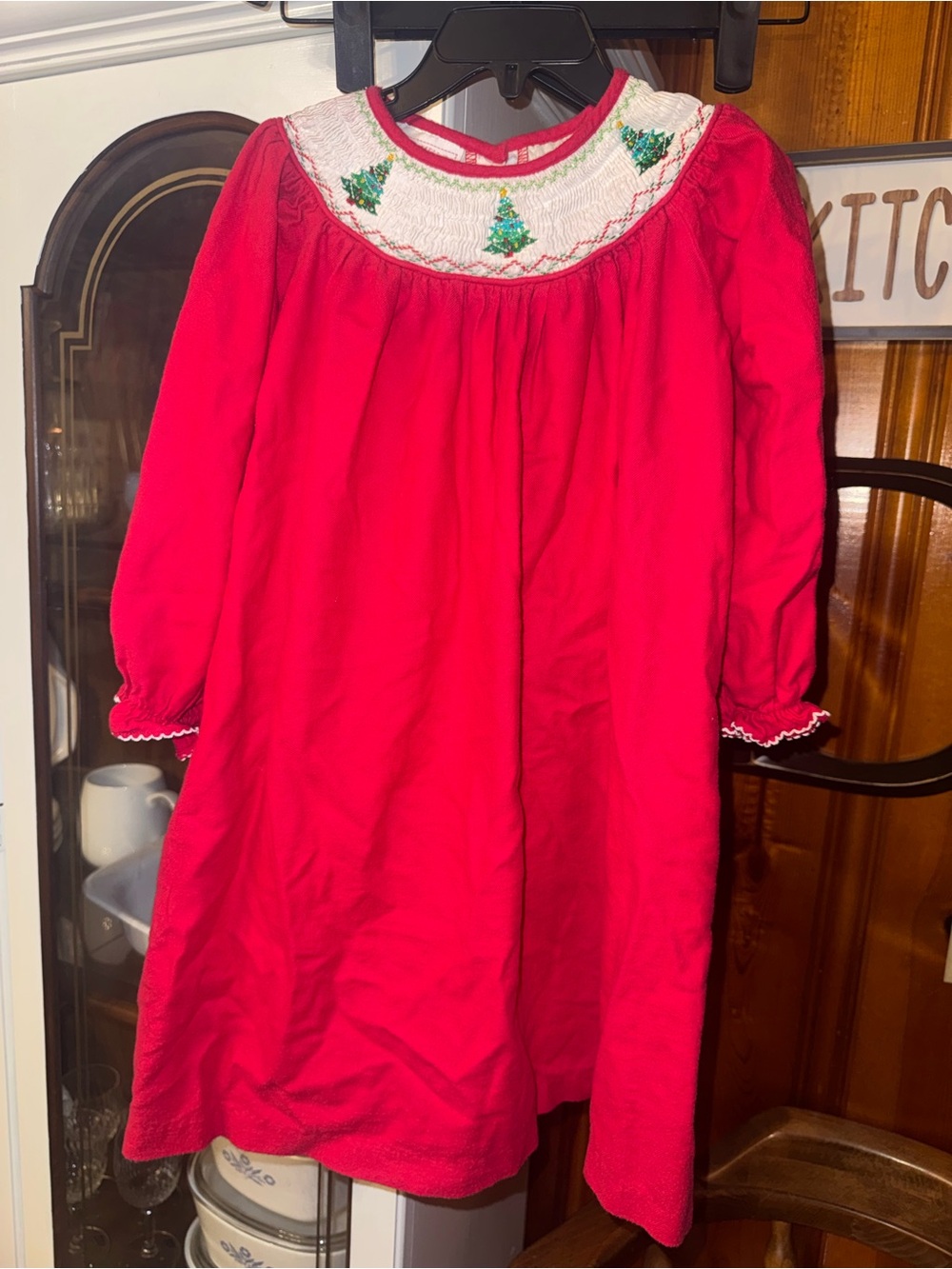 marmellata Red Smocked Holiday Dress with Green Tree Embroidery